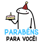 Personagem divertido segurando um bolo de aniversário com uma vela, usando um chapéu de festa, acompanhado da frase "Parabéns para você!" em letras coloridas. Ideal para celebrações de aniversário e mensagens festivas.