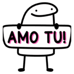 Desenho animado de uma figura alegre segurando uma placa com a frase "AMO TU!" em letras grandes e coloridas, transmitindo uma mensagem de amor e carinho. Ideal para expressar sentimentos positivos nas redes sociais.