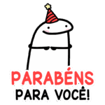 Personagem divertido com chapéu de festa, sorrindo e segurando as mãos, acompanhado da frase "Parabéns para você!" em destaque, ideal para comemorações e felicitações.