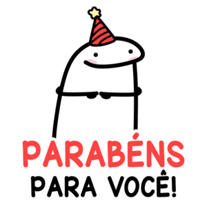 Personagem divertido com chapéu de festa, sorrindo e segurando as mãos, acompanhado da frase "Parabéns para você!" em destaque, ideal para comemorações e felicitações.