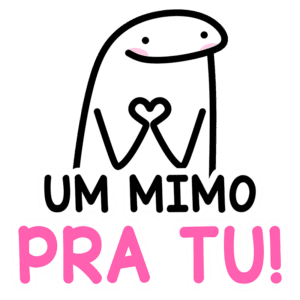 Ilustração de um personagem fofo com um coração nas mãos, acompanhado do texto "Um mimo pra tu!" em letras coloridas. Ideal para expressar carinho e amizade.