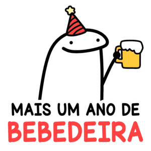 Personagem animado sorridente usando um chapéu de festa e segurando um copo de cerveja, com a frase "Mais um ano de bebedeira" em destaque. Ideal para celebrações e festas.
