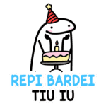 Personagem animado com chapéu de festa segurando um bolo de aniversário com uma vela acesa, acompanhado do texto "REPI BARDEI TIU IU". Ideal para celebrações de aniversário e festas.