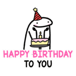 Ilustração de uma personagem divertida usando um chapéu de festa e segurando um bolo de aniversário com uma vela acesa, acompanhada da frase "Happy Birthday To You". Ideal para celebrações de aniversários e mensagens festivas.