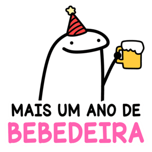 Personagem animado com um chapéu de festa vermelho segurando um copo de cerveja, acompanhada pela frase "Mais um ano de bebedeira" em letras coloridas. Ideal para celebrações e festas.