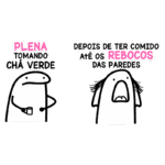 Ilustração humorística com dois personagens: à esquerda, um personagem tranquilo bebendo chá verde e à direita, o mesmo personagem em uma situação exagerada, expressando surpresa após uma experiência inusitada. Texto aborda a relação entre bem-estar e alimentação.