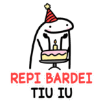 Personagem animado com chapéu de festa segurando um bolo de aniversário com uma vela, acompanhado da frase "REPI BARDEI TIU IU". Ideal para temas de celebração e festas de aniversário.