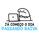 Desenho de um personagem animado com expressão de raiva, sentado em frente a um laptop com um coração na tela. Texto em destaque: "Já começo o dia passando raiva". Ideal para ilustrar frustrações do cotidiano com tecnologia.