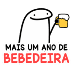 Personagem animado segurando caneca de cerveja com a frase "Mais um ano de bebedeira" em destaque. Ideal para temas de celebrações e festas.