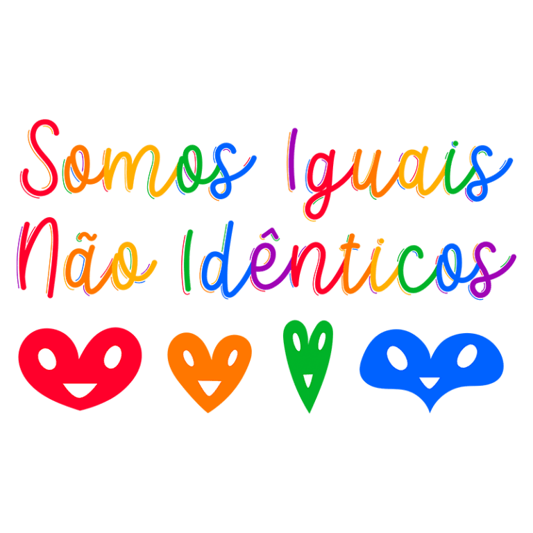 Texto colorido com a frase "Somos Iguais Não Idênticos" acompanhada por ícones de corações e rostos sorridentes em várias cores, simbolizando diversidade e inclusão.