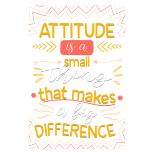 Texto motivacional colorido destacando a frase "Atitude é uma pequena coisa que faz uma grande diferença", com elementos gráficos como setas e padrões. Ideal para inspirar positividade e reflexão.