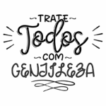 Imagem com a frase "Trate todos com gentileza", destacando a importância da empatia e do respeito nas interações pessoais. Design tipográfico com elementos gráficos que enfatizam a mensagem positiva.