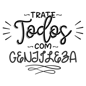 Imagem com a frase "Trate todos com gentileza", destacando a importância da empatia e do respeito nas interações pessoais. Design tipográfico com elementos gráficos que enfatizam a mensagem positiva.