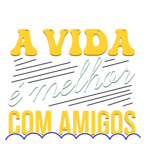 Texto colorido em português com a frase "A vida é melhor com amigos", acompanhado de um sol estilizado, simbolizando amizade e positividade. Ideal para temas sobre relacionamentos e convivência social.