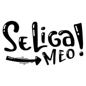 Texto animado em português que diz "Se Liga! MEO!" com uma seta indicando à direita, representando uma chamada à ação ou promoção da marca MEO.