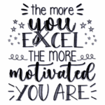 Texto motivacional com a frase "Quanto mais você se destaca, mais motivado você fica", decorado com estrelas e elementos gráficos, ideal para inspiração e autoajuda.