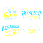 Ilustração com frases sobre gratidão, incluindo "Seja Grato", "Agradecer Sempre", "Agradeça e Beba Água" e "Gratidão Eterna", em cores vibrantes como amarelo e azul.