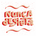 Texto estilizado em vermelho e creme com a frase "Nunca Desista" em um fundo verde, decorado com pontos e linhas onduladas, transmitindo uma mensagem de motivação e perseverança.