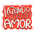 Texto ilustrativo colorido com a frase "Fazendo tudo com amor", rodeado por corações, transmitindo uma mensagem de carinho e positividade. Ideal para temas de amor e criatividade.