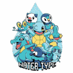 Ilustração de Pokémon do tipo água, incluindo personagens como Squirtle, Mudkip, Piplup e Oshawott, em um fundo com gotas de água.