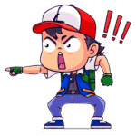 Personagem de desenho animado expressando raiva, vestido com boné vermelho, camiseta branca e jaqueta azul, apontando para frente com uma expressão intensa.