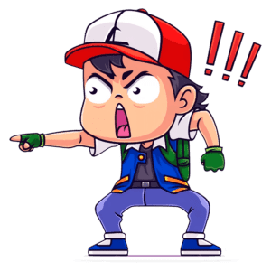 Personagem de desenho animado expressando raiva, vestido com boné vermelho, camiseta branca e jaqueta azul, apontando para frente com uma expressão intensa.