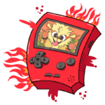Console de videogame portátil vermelho com chamas, exibindo um personagem divertido em sua tela. Ideal para amantes de jogos e cultura pop.