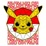Ilustração geométrica do Pikachu, personagem icônico de Pokémon, com cores vibrantes em um fundo com padrão vermelho e amarelo.