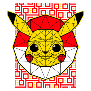 Ilustração geométrica do Pikachu, personagem icônico de Pokémon, com cores vibrantes em um fundo com padrão vermelho e amarelo.