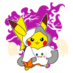 Pikachu vestido de fantasma com um manto cinza, cercado por fantasmas e um fundo roxo, representando uma temática de Halloween.