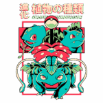 Imagem estilizada de Pokémon, destacando Bulbasaur, Ivysaur e Venusaur, com um Pokébola ao centro e texto em japonês que significa "evolução das plantas". Design colorido e vibrante que representa a evolução dos Pokémon do tipo planta.