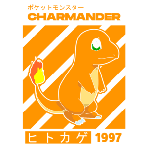Imagem do Pokémon Charmander, um dos personagens icônicos da série, com corpo laranja, cauda em chamas e fundo listrado em laranja. Inclui textos em japonês e inglês, destacando o nome e o ano de lançamento, 1997.