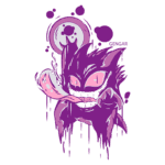 Ilustração do Pokémon Gengar, um fantasma roxo com olhos grandes e expressão travessa, soltando uma língua longa. O fundo apresenta manchas de tinta em tons de roxo e uma lua estilizada, destacando a natureza sombria e lúdica do personagem.