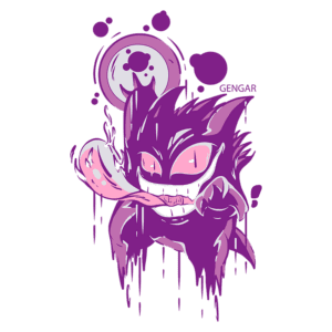 Ilustração do Pokémon Gengar, um fantasma roxo com olhos grandes e expressão travessa, soltando uma língua longa. O fundo apresenta manchas de tinta em tons de roxo e uma lua estilizada, destacando a natureza sombria e lúdica do personagem.