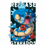 Ilustração de Gyarados, um Pokémon lendário, com expressão feroz, cercado por Magikarp. A arte apresenta cores vibrantes e a frase "Release the Gyarados" em destaque. Ideal para fãs de Pokémon e colecionadores de arte digital.