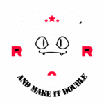 Logotipo da Equipe Rocket, apresentando um gato estilizado com um sorriso travesso, cercado por símbolos de caveira e estrelas, com a frase "Prepare for trouble and make it double", destacando o famoso personagem Meowth.