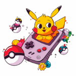 Pikachu animado saindo de um console portátil Game Boy, rodeado por Poké Balls e itens variados do universo Pokémon, em um estilo gráfico vibrante e divertido.