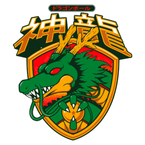 Imagem do logotipo do Dragão Shenron da série Dragon Ball, apresentando um dragão verde com chifres e olhos vermelhos, em um escudo colorido com inscrições em japonês.