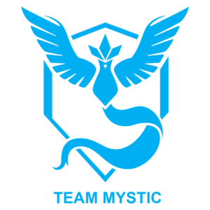 Logotipo do Team Mystic de Pokémon GO, apresentando uma ave estilizada com asas abertas e uma serpente embaixo, em uma cor azul vibrante sobre fundo transparente.