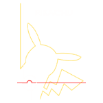 Ilustração minimalista do Pikachu, personagem icônico da franquia Pokémon, com contornos em amarelo e detalhes em vermelho e branco. O nome "Pikachu" está escrito na parte superior.