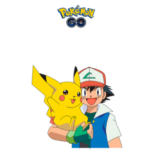Ash Ketchum segurando Pikachu, personagens icônicos do jogo Pokémon GO, com o logotipo do jogo no topo da imagem.