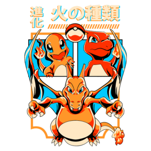 Ilustração dos Pokémon da linha evolutiva do tipo fogo, destacando Charmander, Charmeleon e Charizard, com elementos gráficos vibrantes e uma Pokébola ao centro.