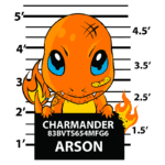 Charmander, um Pokémon de tipo fogo, com um visual cativante e cicatrizes, aparece em um cartaz de identificação, medindo cerca de 3 pés de altura, com chamas saindo da cauda. O fundo apresenta uma escala de altura, destacando suas características únicas.