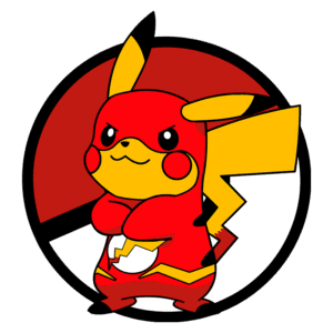 Pikachu estilizado em vermelho, posando com atitude, dentro de um círculo que lembra o logo Pokémon. A imagem mostra Pikachu com expressões faciais marcantes e detalhes coloridos, destacando sua popularidade entre os fãs.