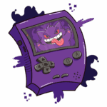 Console de videogame roxo com uma ilustração de um Pokémon Gengar sorridente, destacando um design divertido e cativante. Ideal para fãs de jogos retro e cultura geek.