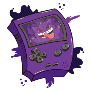 Console de videogame roxo com uma ilustração de um Pokémon Gengar sorridente, destacando um design divertido e cativante. Ideal para fãs de jogos retro e cultura geek.