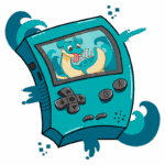 Ilustração de um console de videogame colorido com um personagem de desenho animado interface, mostrando um Pokémon aquático, cercado por ondas estilizadas.