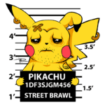 Pikachu em uma imagem de ficha policial, com expressão triste e um visível cansaço. O desenho mostra Pikachu segurando uma placa que diz "PIKACHU 1DF3SJGM456 STREET BRAWL", em um fundo com marcações de altura. Arte divertida que mistura elementos de cultura pop e humor.