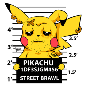 Pikachu em uma imagem de ficha policial, com expressão triste e um visível cansaço. O desenho mostra Pikachu segurando uma placa que diz "PIKACHU 1DF3SJGM456 STREET BRAWL", em um fundo com marcações de altura. Arte divertida que mistura elementos de cultura pop e humor.