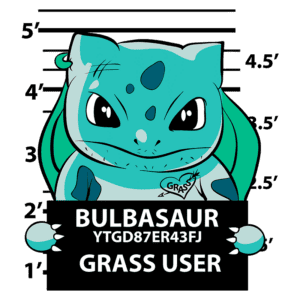 Ilustração de Bulbasaur, um Pokémon tipo Grama, em um fundo com marcações de altura. O personagem exibe uma expressão amigável e segura, segurando uma placa com seu nome e informações. Ideal para conteúdos sobre Pokémon e cultura pop.